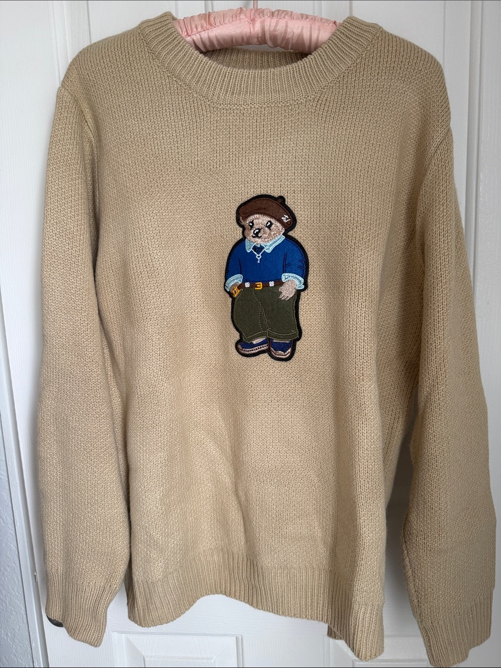 Women’s  Beige Knit Sweater with Embroidered Bear